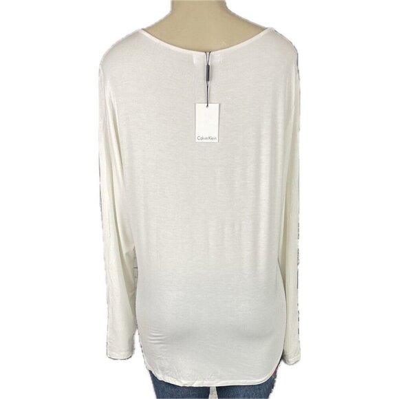 Calvin Klein XL Eggshell Semi-Sheer Scoop Neck Logo Bar Rayon Long Sleeve Top - Picture 4 of 6